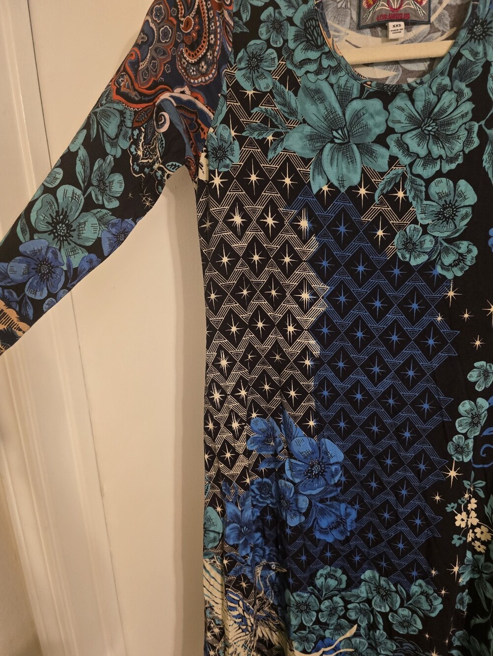 Johnny Was Teal and Navy Floral Print Knee-Length Dress Sz XXS - Picture 12 of 17